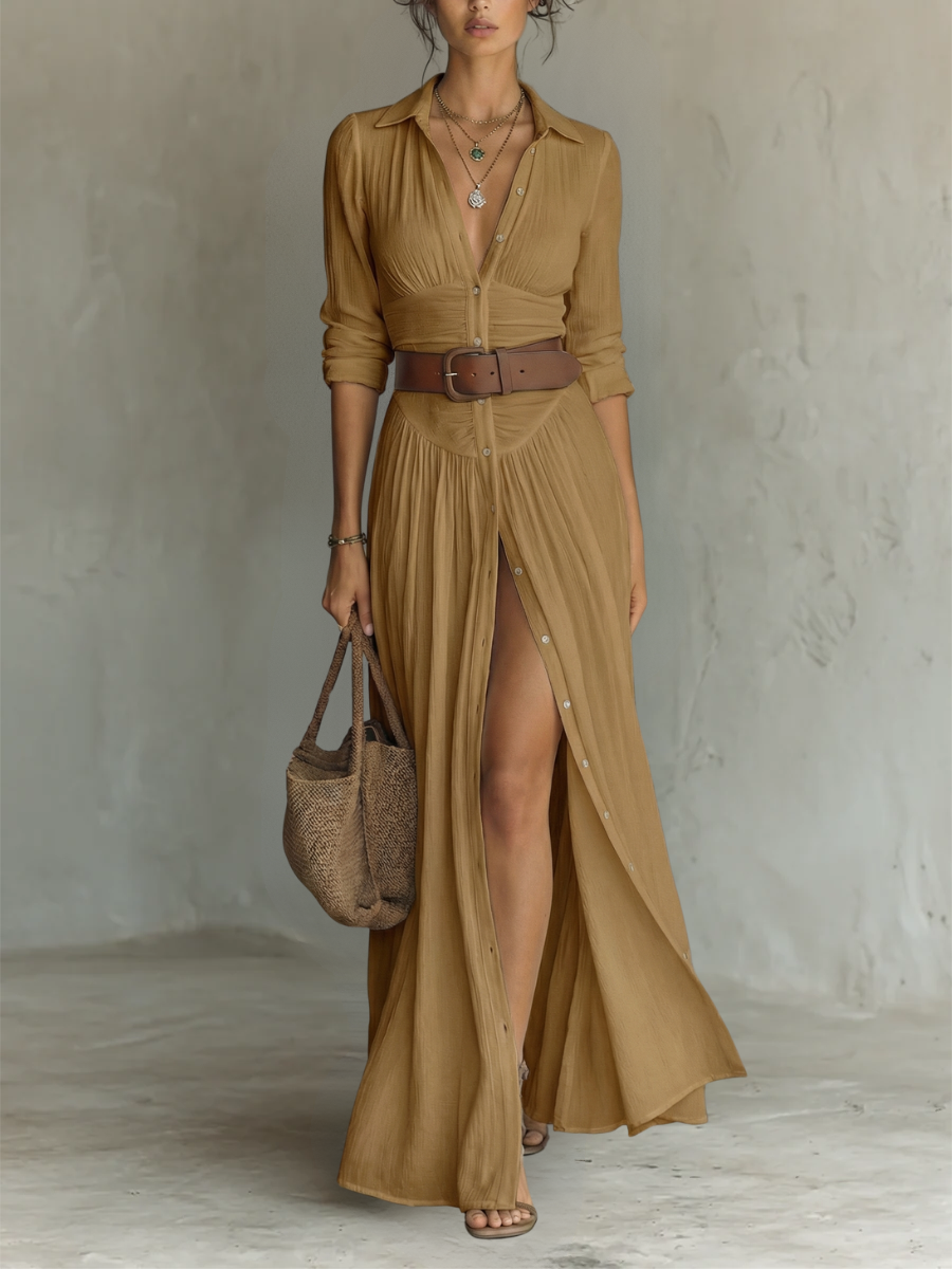 Women's Long Maxi Dress with Lapel Collar and Long Sleeves in Linen