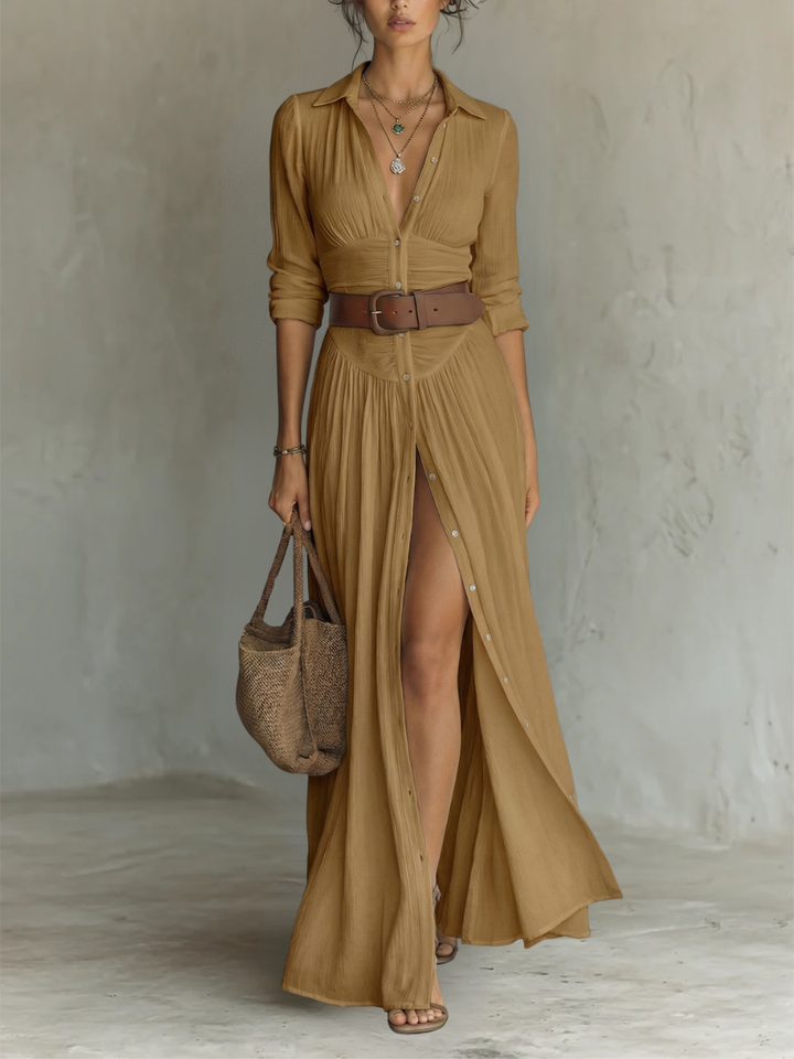 Women's Long Maxi Dress with Lapel Collar and Long Sleeves in Linen