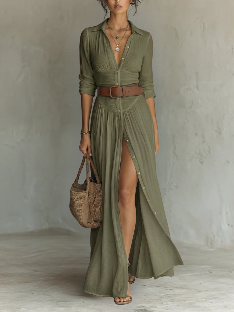 Women's Long Maxi Dress with Lapel Collar and Long Sleeves in Linen