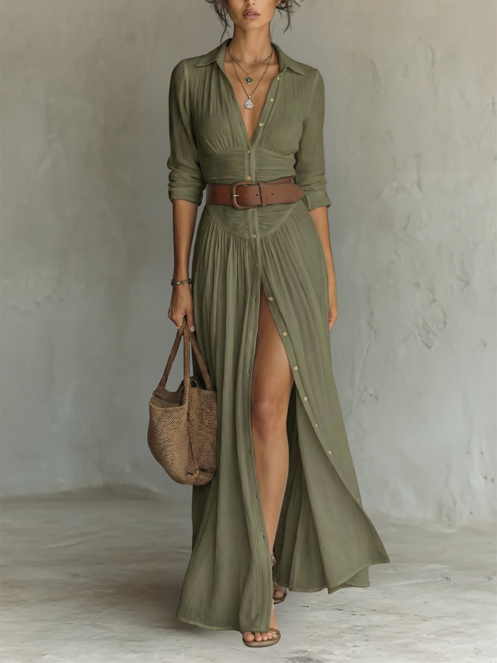 Women's Long Maxi Dress with Lapel Collar and Long Sleeves in Linen