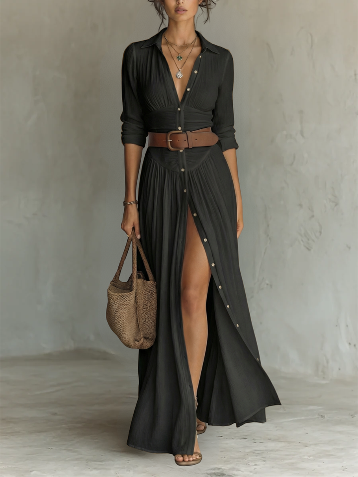 Women's Long Maxi Dress with Lapel Collar and Long Sleeves in Linen