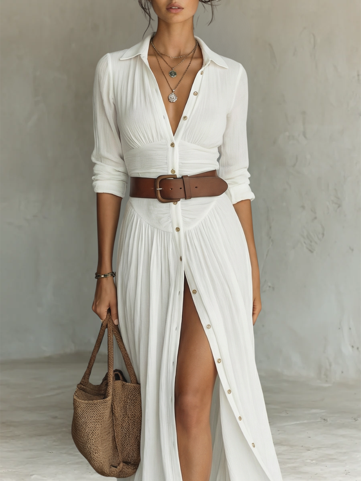 Women's Long Maxi Dress with Lapel Collar and Long Sleeves in Linen