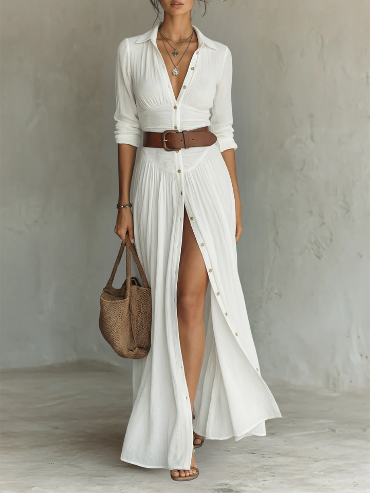 Women's Long Maxi Dress with Lapel Collar and Long Sleeves in Linen