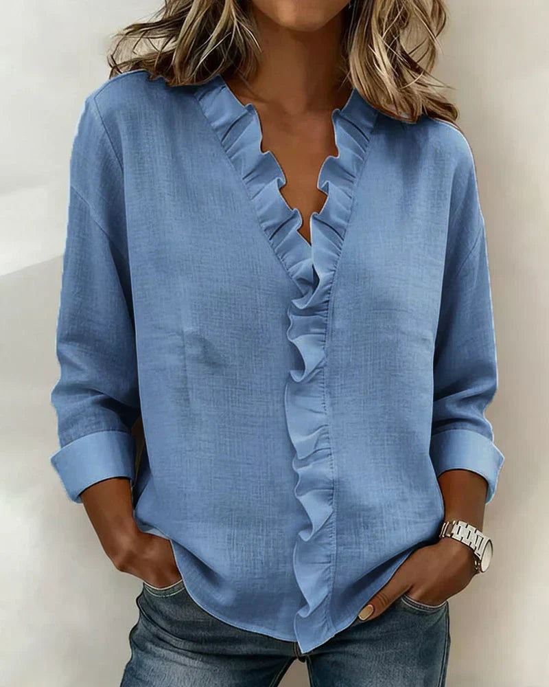 Indie | Blouse with Ruffles, V-Neck and Long Sleeves