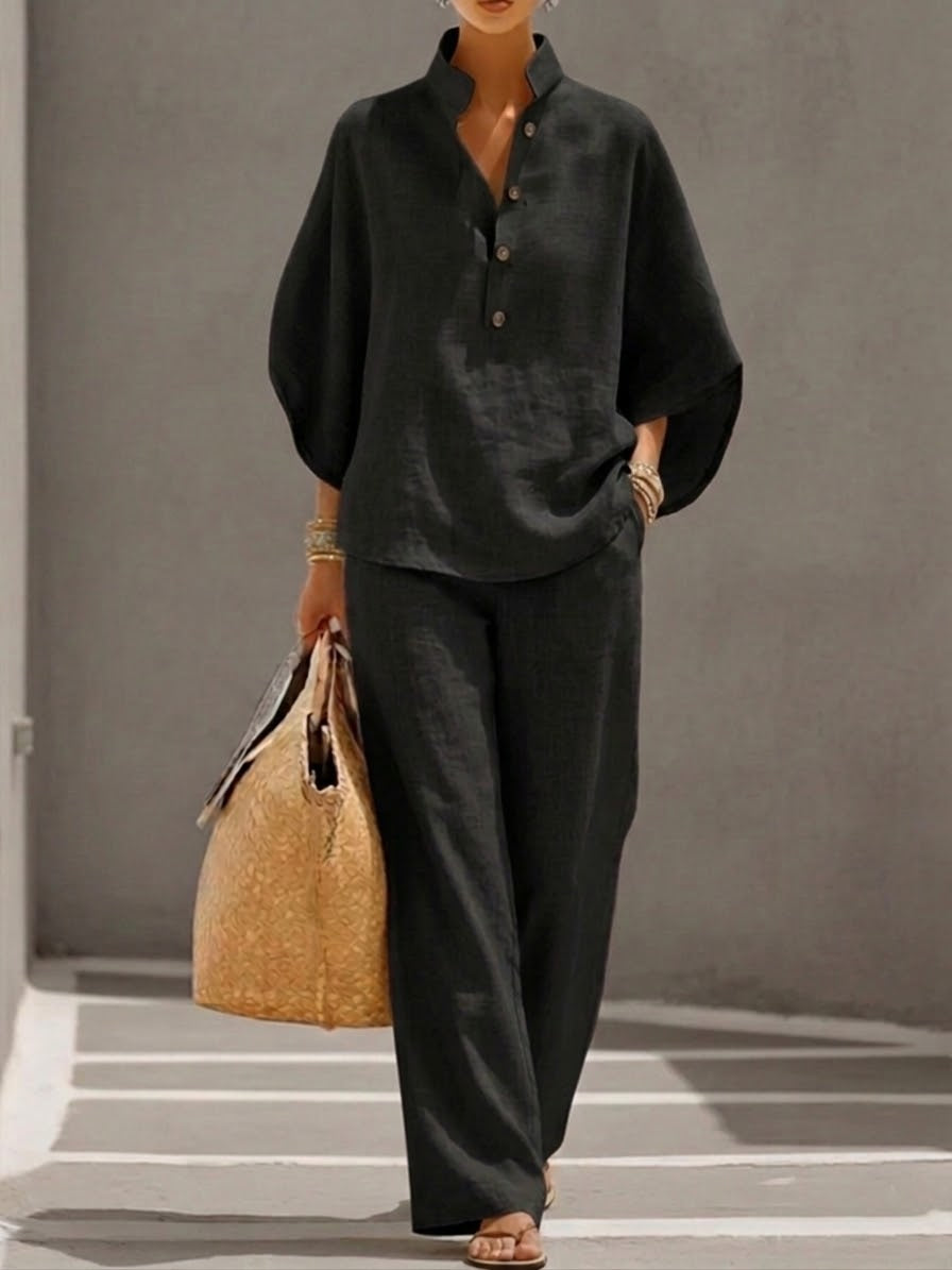 Mariel | Linen suit with batwing sleeves and wide-leg trousers