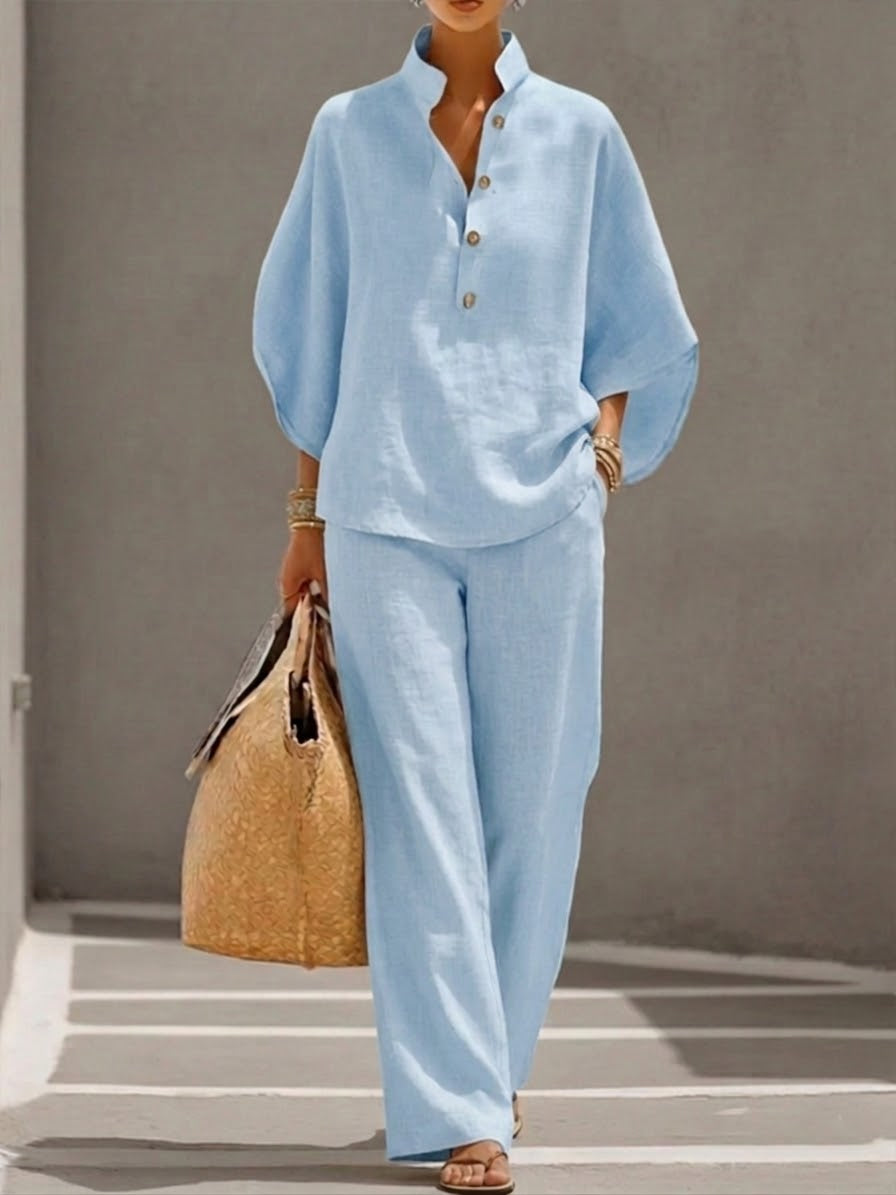 Mariel | Linen suit with batwing sleeves and wide-leg trousers