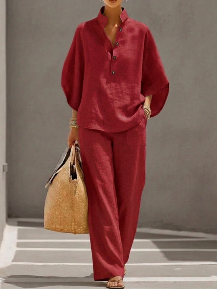Mariel | Linen suit with batwing sleeves and wide-leg trousers