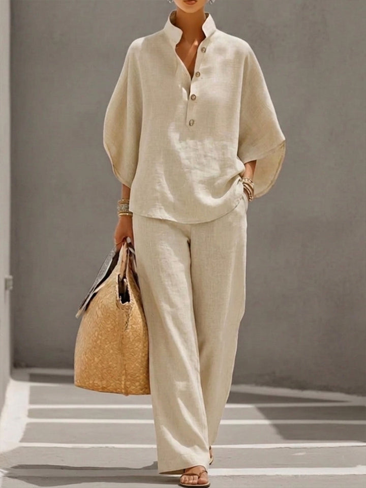 Mariel | Linen suit with batwing sleeves and wide-leg trousers